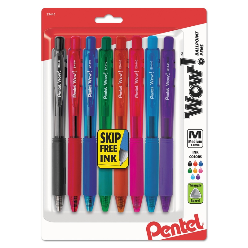 WOW! RETRACTABLE BALLPOINT PEN, MEDIUM 1MM, ASSORTED INK/BARREL, 8/PACK