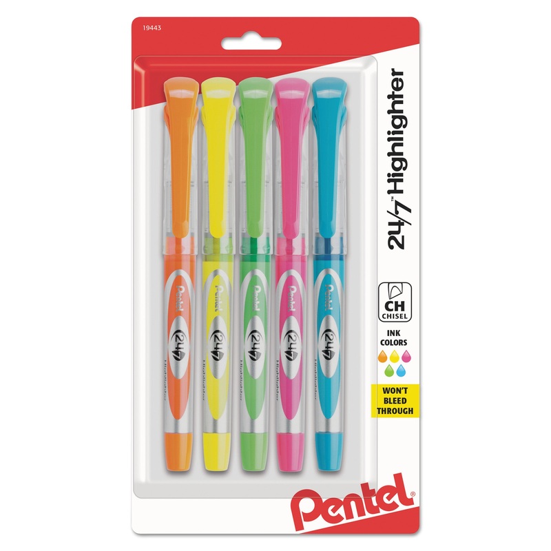 24/7 HIGHLIGHTERS, CHISEL TIP, ASSORTED COLORS, 5/SET