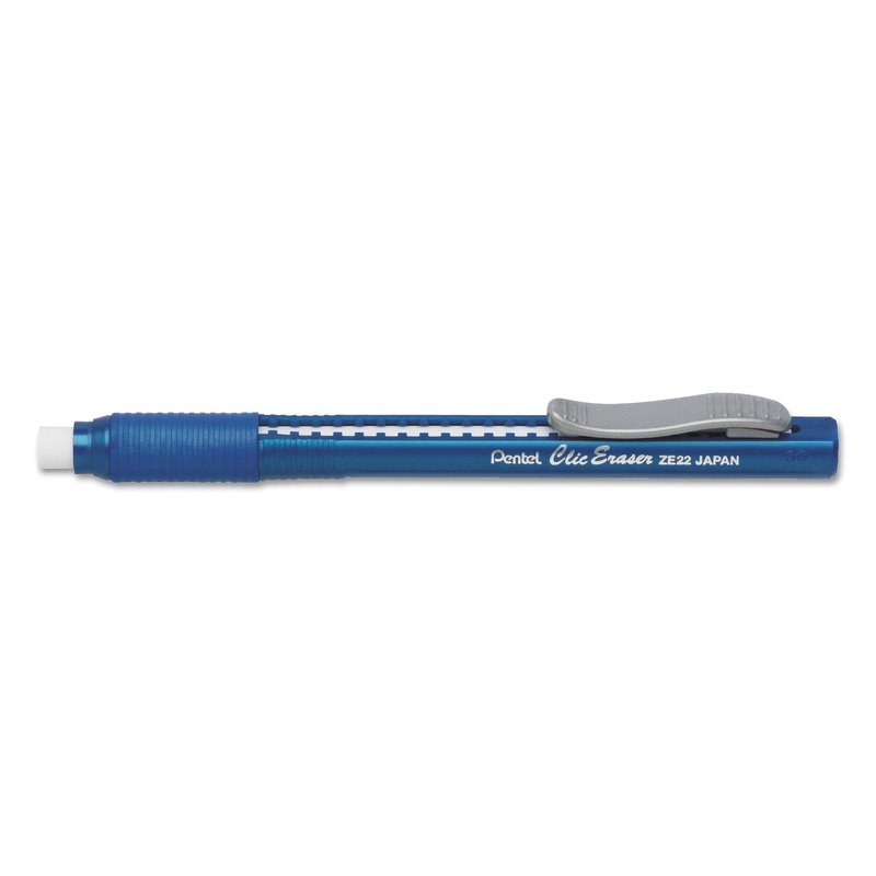 CLIC ERASER GRIP ERASER, WHITE POLYVINYL CHLORIDE ERASER, BLUE BARREL