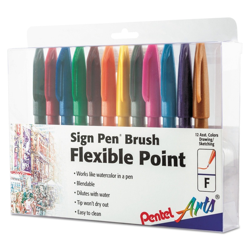 SIGN PEN FLEXIBLE POINT MARKER PEN, FINE BRUSH TIP, ASSORTED COLORS, DOZEN