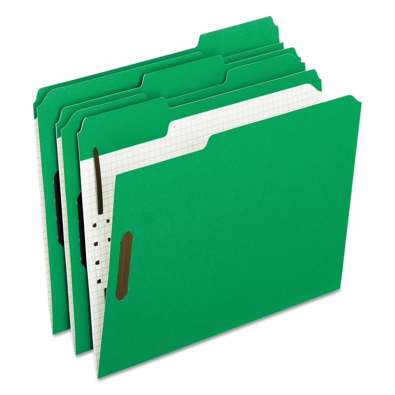 COLORED FOLDERS WITH TWO EMBOSSED FASTENERS, 1/3-CUT TABS, LETTER SIZE, GREEN, 50/BOX