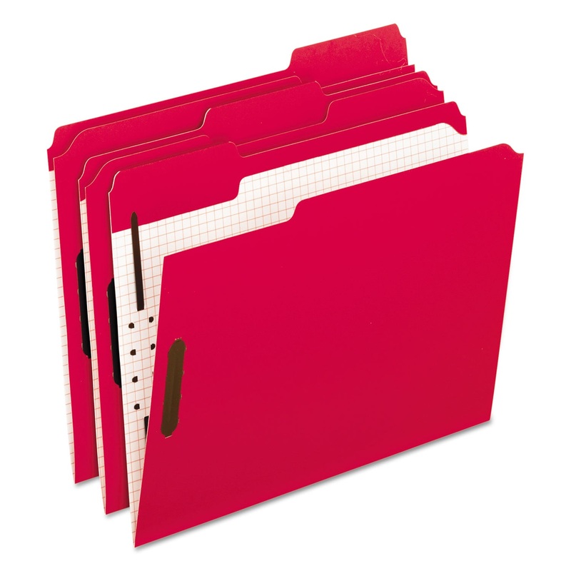 COLORED FOLDERS WITH TWO EMBOSSED FASTENERS, 1/3-CUT TABS, LETTER SIZE, RED, 50/BOX