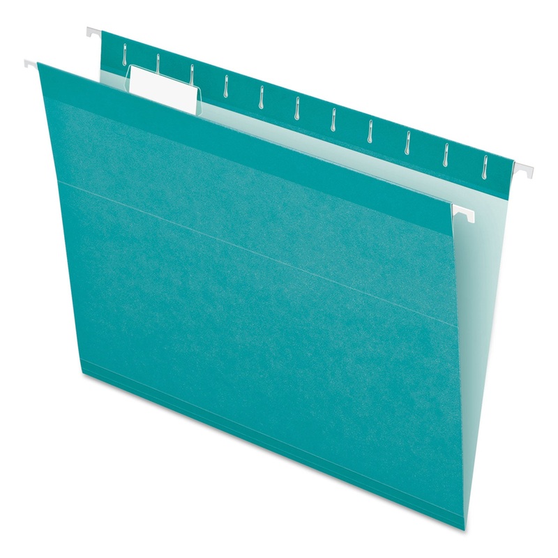 COLORED REINFORCED HANGING FOLDERS, LETTER SIZE, 1/5-CUT TAB, AQUA, 25/BOX