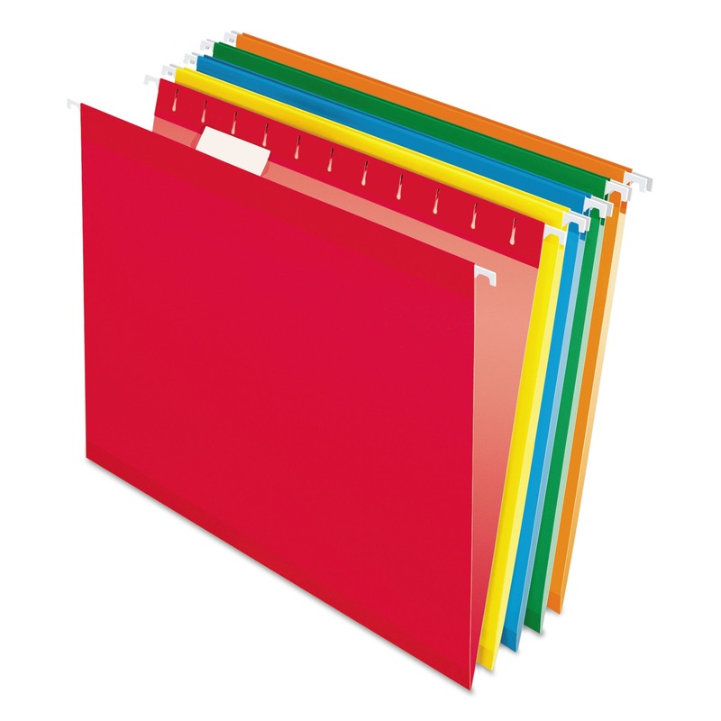 COLORED REINFORCED HANGING FOLDERS, LETTER SIZE, 1/5-CUT TAB, ASSORTED, 25/BOX