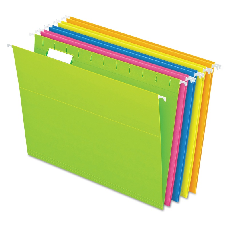 GLOW HANGING FILE FOLDERS, LETTER SIZE, 1/5-CUT TAB, ASSORTED, 25/BOX