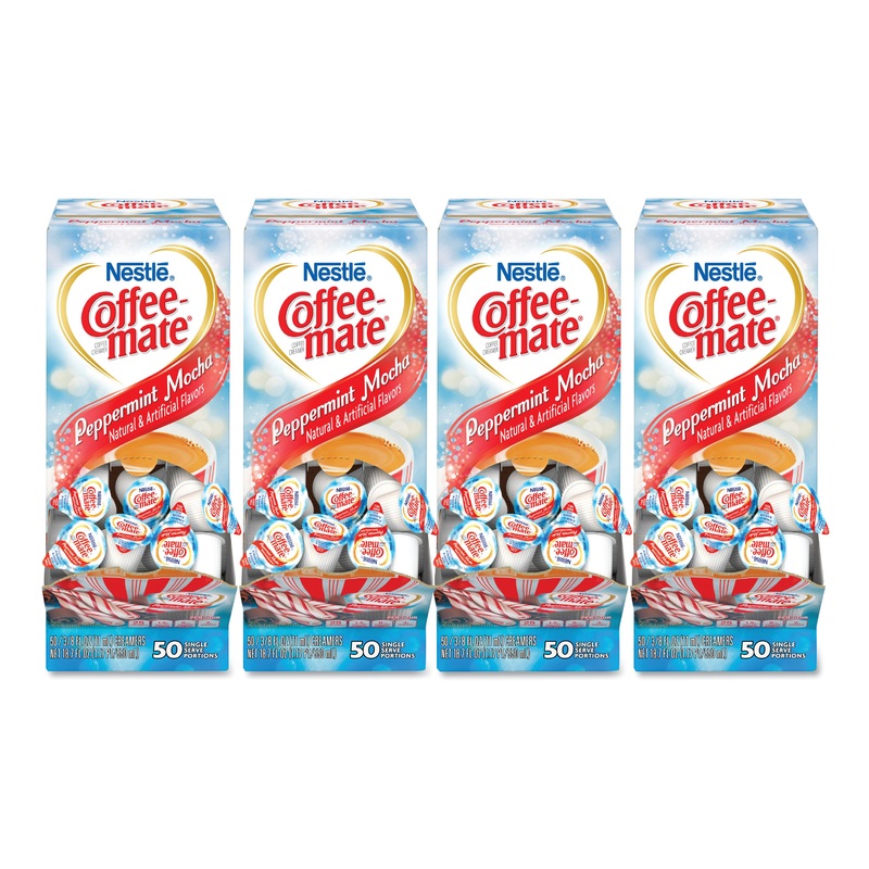 LIQUID COFFEE CREAMER, PEPPERMINT MOCHA, 0.38 OZ MINI CUPS, 50/BOX, 4 BOXES/CARTON, 200 TOTAL/CARTON