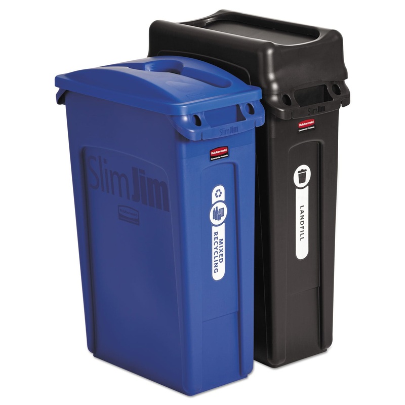 Slim Jim Recycling Container, Rectangular, 23 Gal, Black/blue