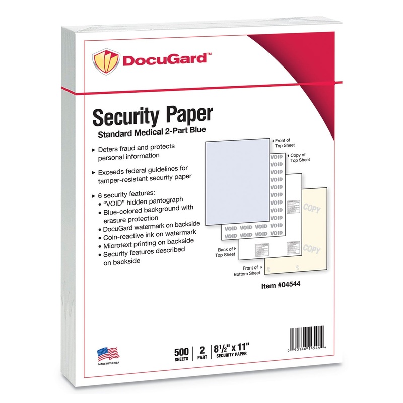 MEDICAL SECURITY PAPERS, 32LB, 8.5 X 11, BLUE/CANARY, 250/PACK