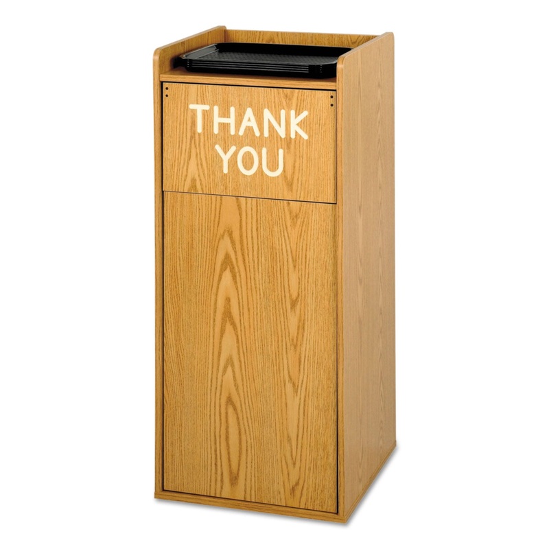 PUSH DOOR WASTE RECEPTACLE WITH TRAY HOLDER, SQUARE, WOOD, 36 GAL, MEDIUM OAK