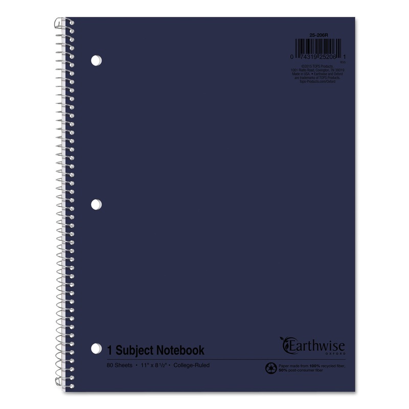 EARTHWISE BY 100% RECYCLED SINGLE SUBJECT NOTEBOOKS, MEDIUM/COLLEGE RULE, RANDOMLY ASSORTED COLOR COVERS, 11 X 8.5, 80 SHEETS
