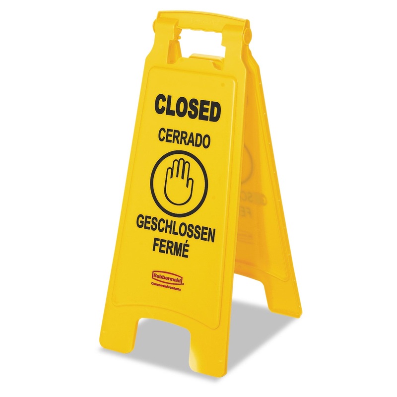 Multilingual “closed” Sign, 2-Sided, Plastic, 11w X 12d X 25h, Yellow