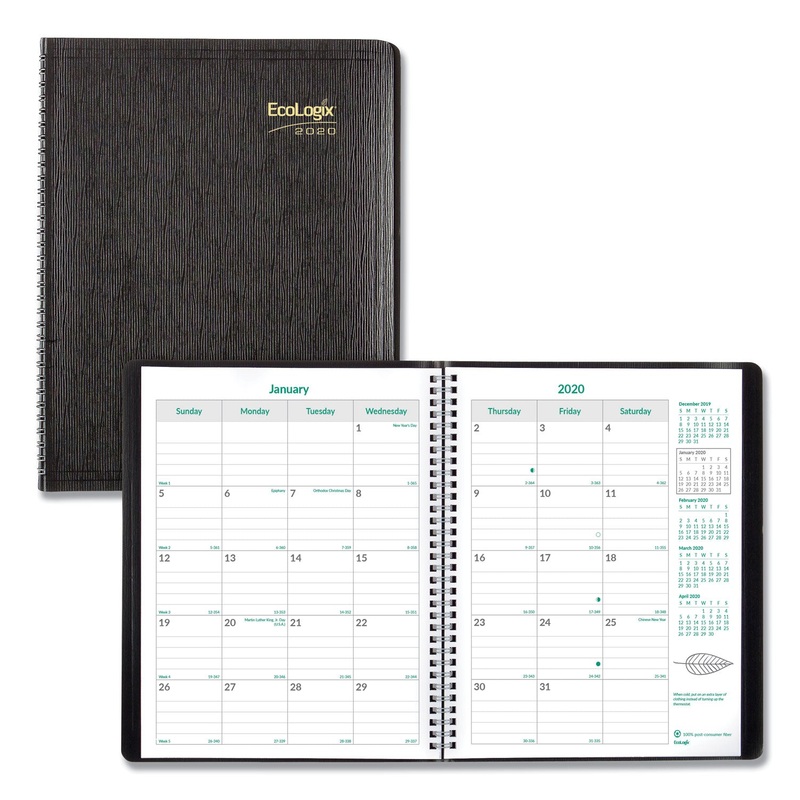 ECOLOGIX RECYCLED MONTHLY PLANNER, 11 X 8 1/2, BLACK SOFT COVER, 2020