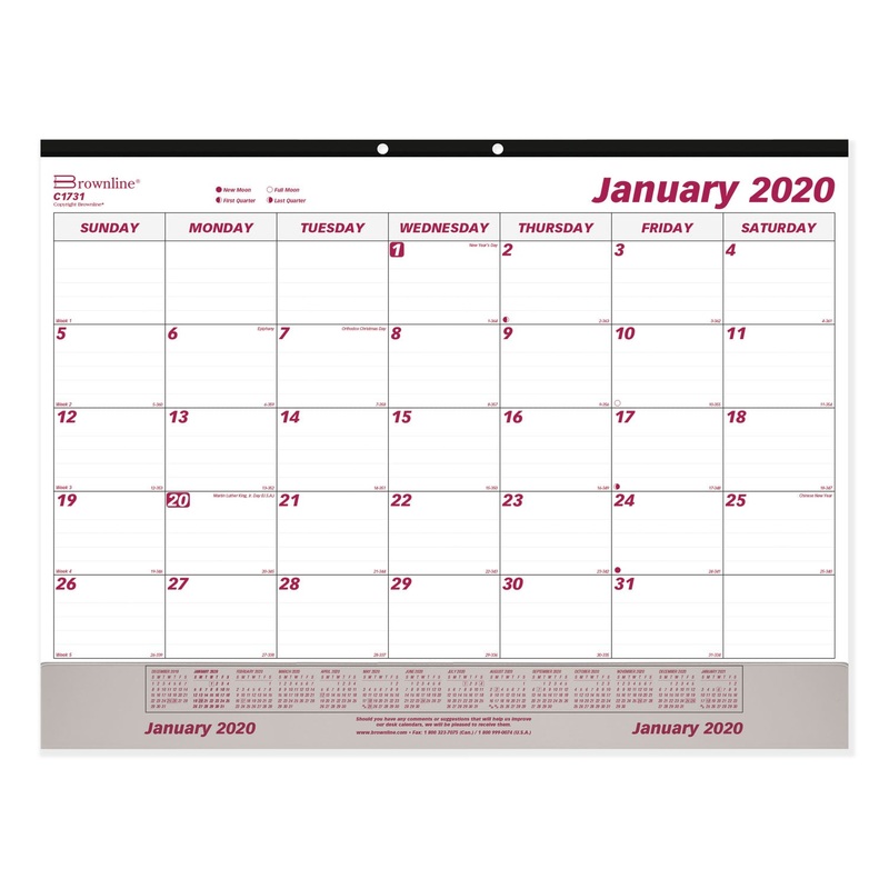 MONTHLY DESK PAD CALENDAR, 22 X 17, WHITE/MAROON, 2020