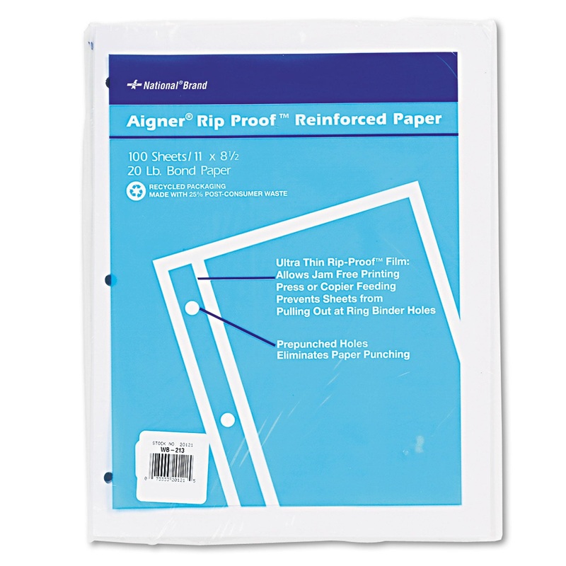 RIP PROOF REINFORCED FILLER PAPER, 3-HOLE, 8.5 X 11, UNRULED, 100/PACK