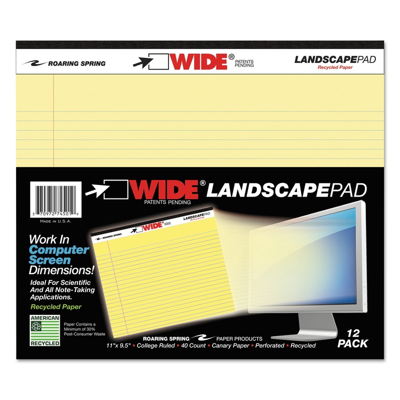 WIDE LANDSCAPE FORMAT WRITING PAD, MEDIUM/COLLEGE RULE, 11 X 9.5, CANARY, 40 SHEETS