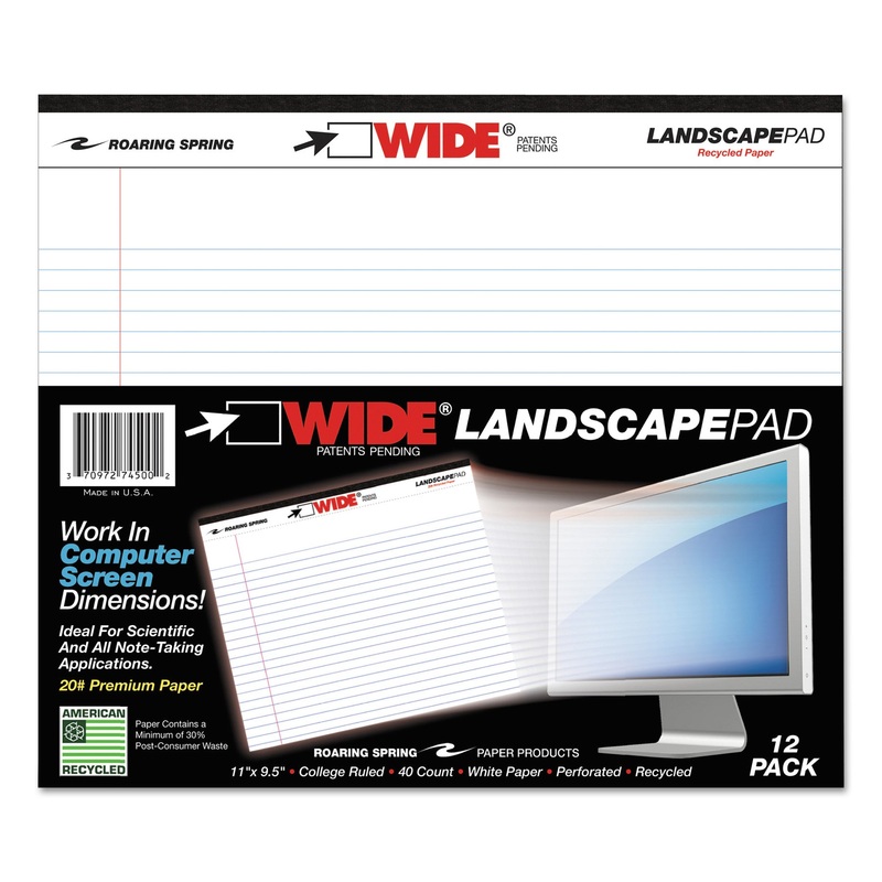 WIDE LANDSCAPE FORMAT WRITING PAD, MEDIUM/COLLEGE RULE, 11 X 9.5, WHITE, 40 SHEETS