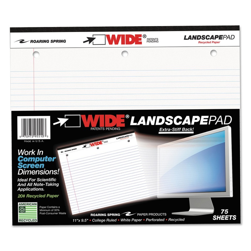 WIDE LANDSCAPE FORMAT WRITING PAD, MEDIUM/COLLEGE RULE, 11 X 9.5, WHITE, 75 SHEETS