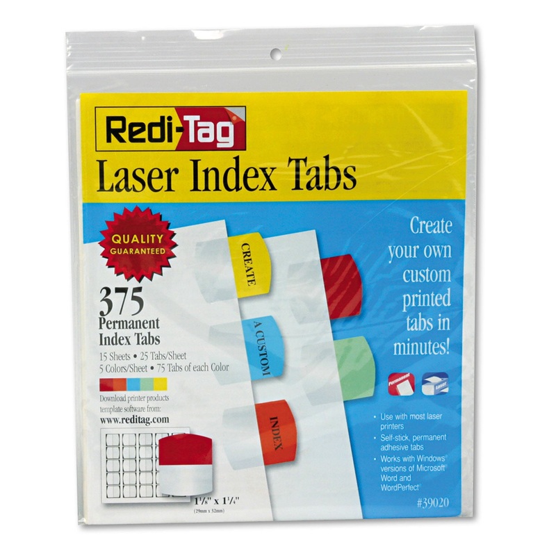 INKJET PRINTABLE INDEX TABS, 1/5-CUT TABS, ASSORTED COLORS, 1.13″ WIDE, 375/PACK