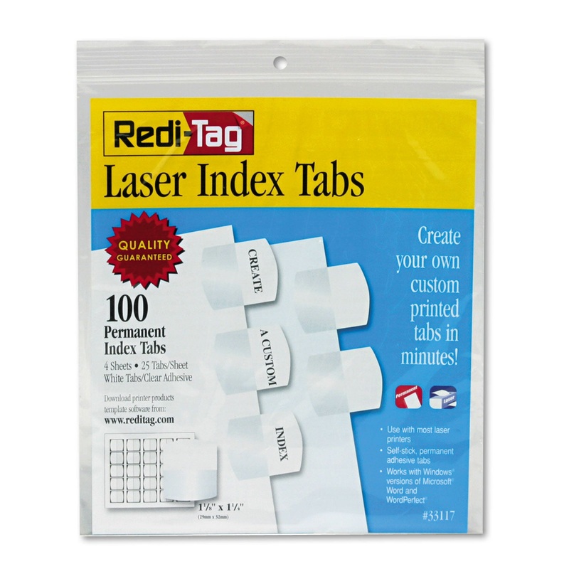 LASER PRINTABLE INDEX TABS, 1/5-CUT TABS, WHITE, 1.13″ WIDE, 100/PACK
