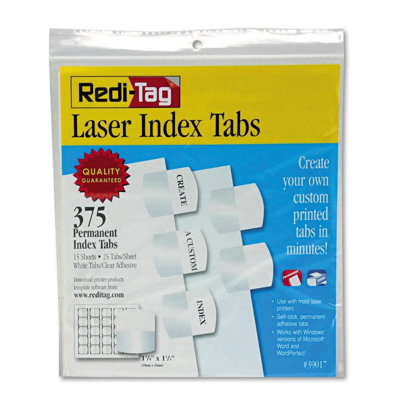 LASER PRINTABLE INDEX TABS, 1/5-CUT TABS, WHITE, 1.13″ WIDE, 375/PACK
