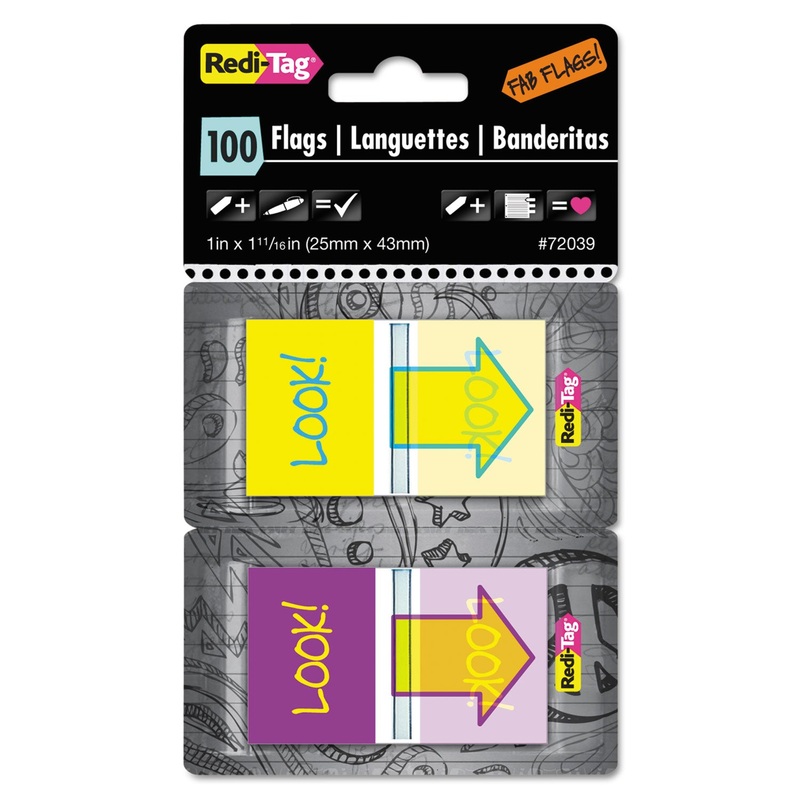 Pop-Up Fab Page Flags W/dispenser, “look!”, Purple/yellow; Yellow/teal, 100/pack