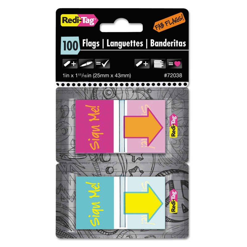 Pop-Up Fab Page Flags W/dispenser, “sign Me!”, Red/orange, Teal/yellow, 100/pack