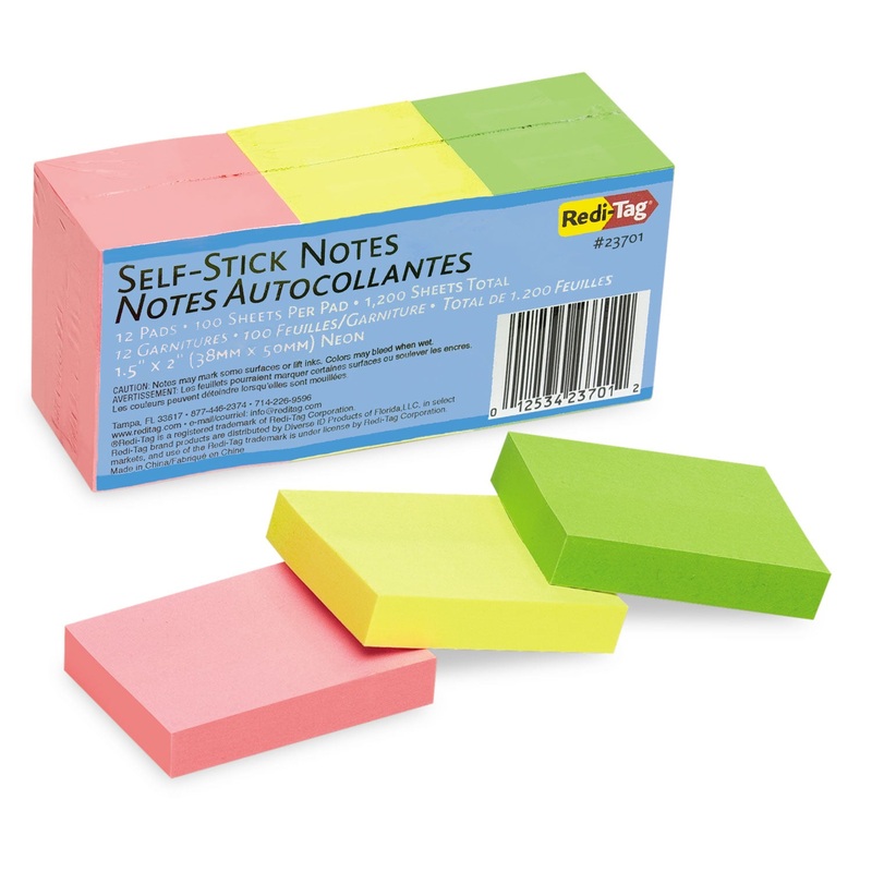 Self-Stick Notes, 1 1/2 X 2, Neon, 12 100-Sheet Pads/pack