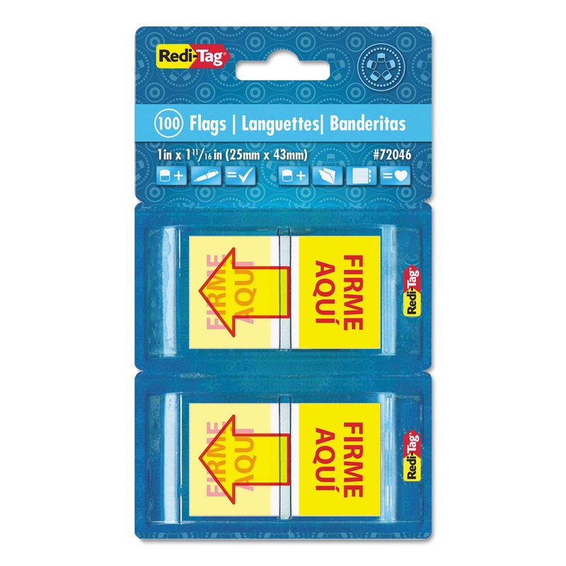 Spanish Page Flags In Pop-Up Dispenser, “firme Aqul”, Red/yellow, 100/pack