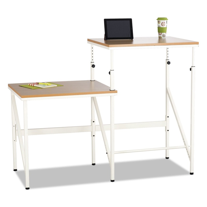 BI-LEVEL STANDING HEIGHT DESK, 57.5W X 24D X 50H, BEECH/CREAM