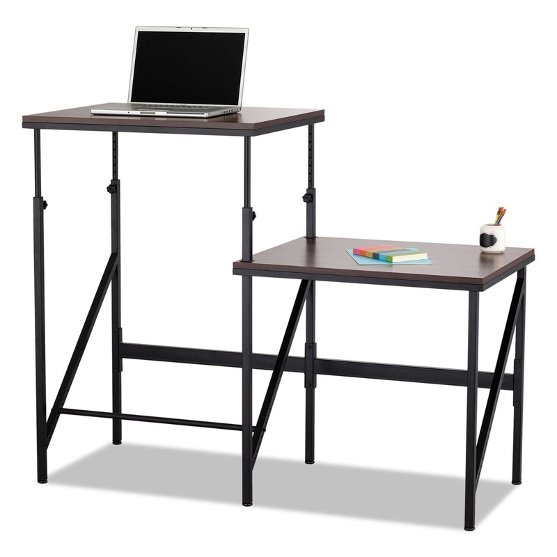 BI-LEVEL STANDING HEIGHT DESK, 57.5W X 24D X 50H, WALNUT/BLACK