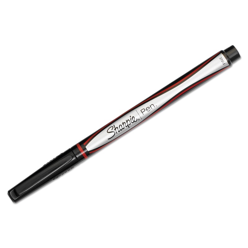 WATER-RESISTANT INK STICK PLASTIC POINT PEN, 0.5MM, RED INK, BLACK/GRAY/RED BARREL, DOZEN