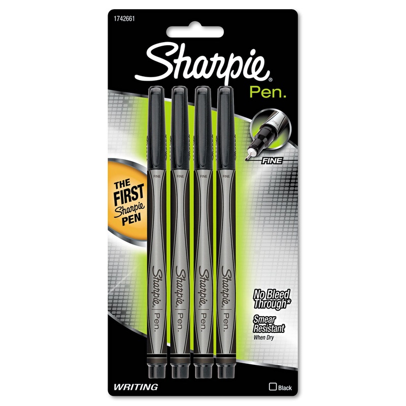 WATER-RESISTANT INK STICK PLASTIC POINT PEN, 0.8 MM, BLACK INK, BLACK/GRAY BARREL, 4/PACK