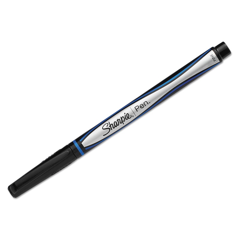 WATER-RESISTANT INK STICK PLASTIC POINT PEN, 0.88 MM, BLUE INK, BLACK/GRAY/BLUE BARREL, DOZEN