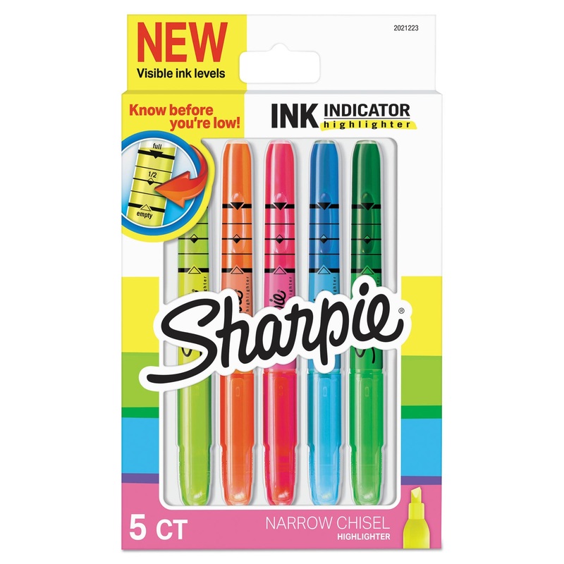 INK INDICATOR STICK HIGHLIGHTERS, CHISEL TIP, ASSORTED COLORS, 5/PACK