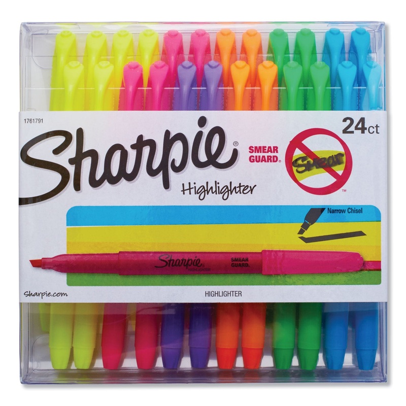 POCKET STYLE HIGHLIGHTERS, CHISEL TIP, ASSORTED COLORS, 24/PACK