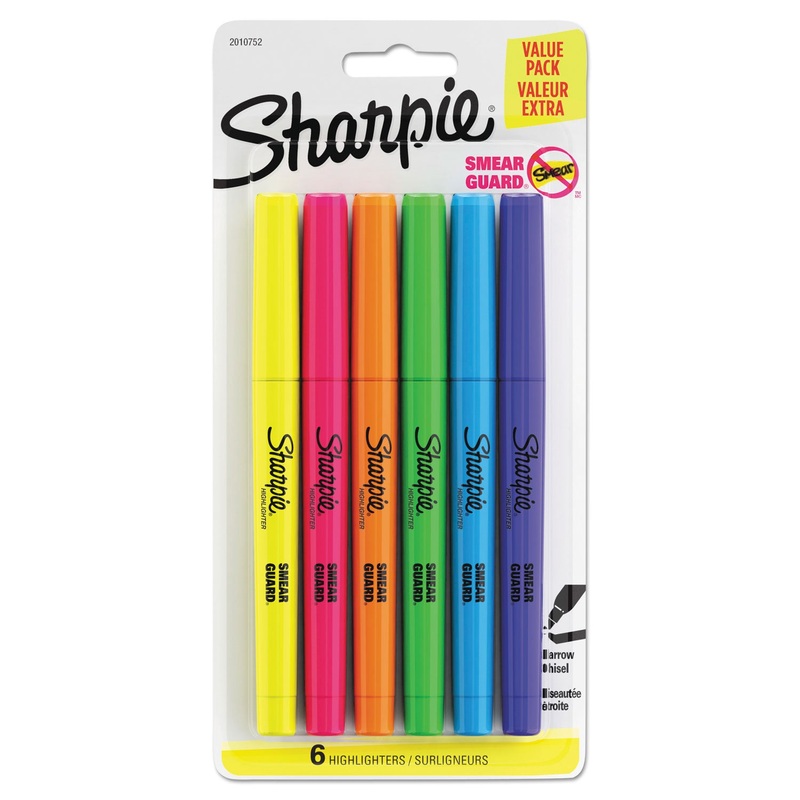 POCKET STYLE HIGHLIGHTERS, CHISEL TIP, ASSORTED COLORS, 6/PACK