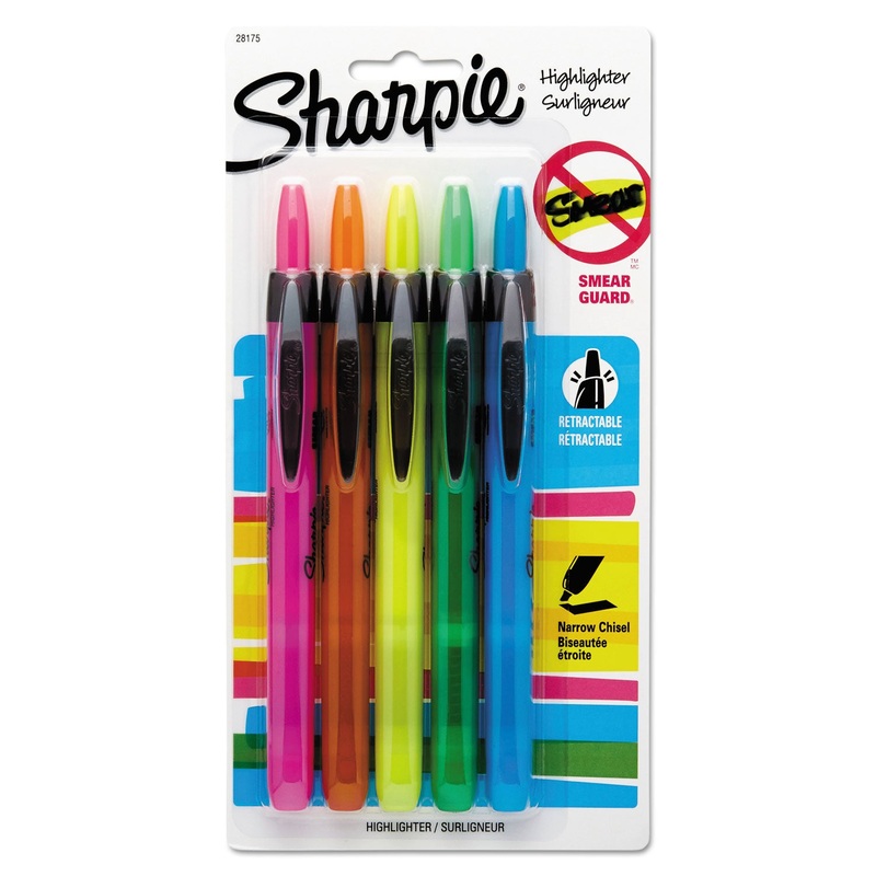 RETRACTABLE HIGHLIGHTERS, CHISEL TIP, ASSORTED COLORS, 5/SET