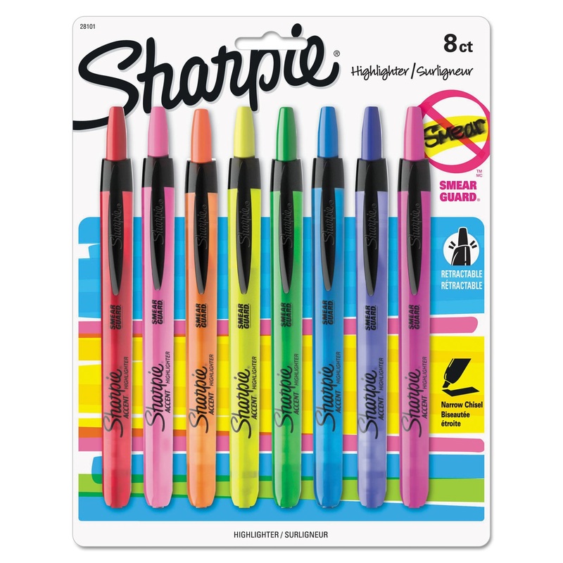 RETRACTABLE HIGHLIGHTERS, CHISEL TIP, ASSORTED COLORS, 8/SET