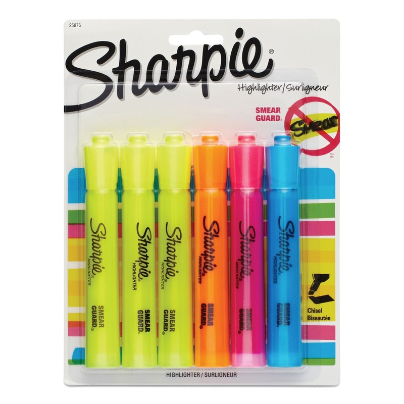 TANK STYLE HIGHLIGHTERS, CHISEL TIP, ASSORTED COLORS, 6/SET