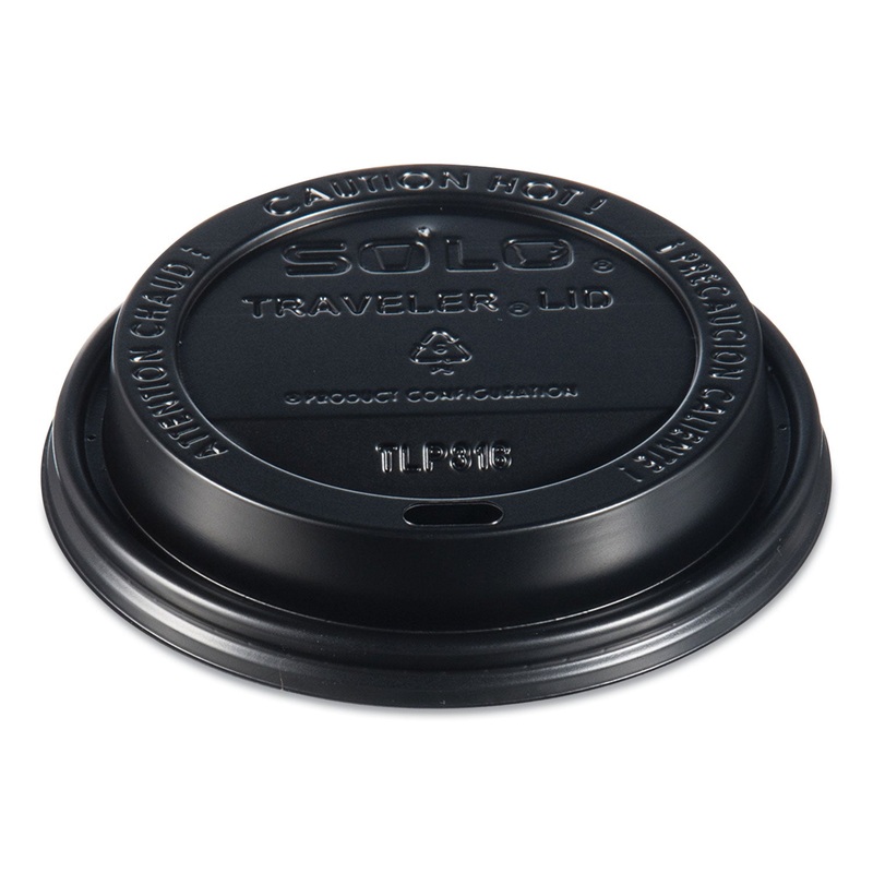 Traveler Drink-Thru Lids, 10-24oz Cups, Black, 100/sleeve, 10 Sleeves/carton