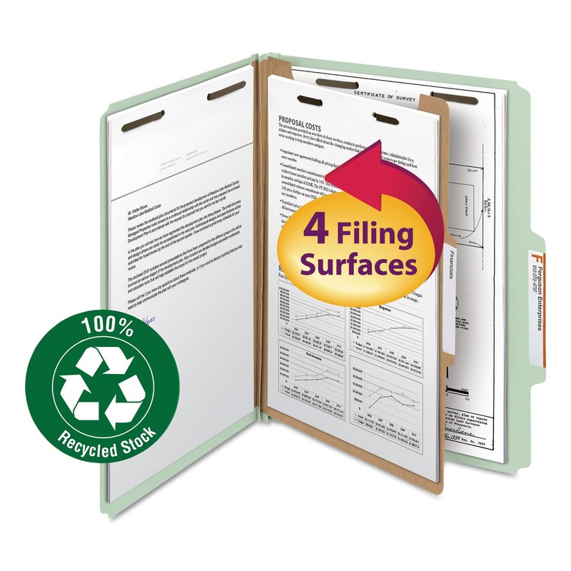 100% RECYCLED PRESSBOARD CLASSIFICATION FOLDERS, 1 DIVIDER, LETTER SIZE, GRAY-GREEN, 10/BOX