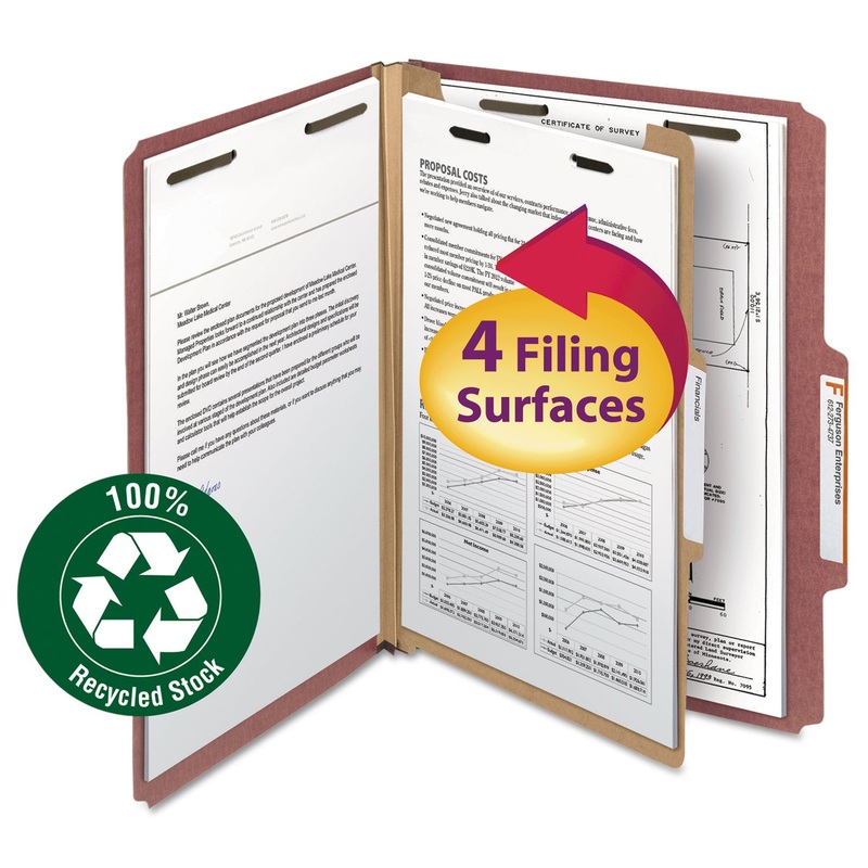 100% RECYCLED PRESSBOARD CLASSIFICATION FOLDERS, 1 DIVIDER, LETTER SIZE, RED, 10/BOX