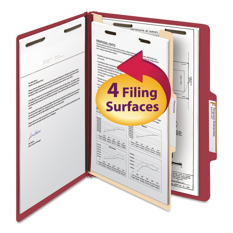 COLORED TOP TAB CLASSIFICATION FOLDERS, 1 DIVIDER, LETTER SIZE, RED, 10/BOX
