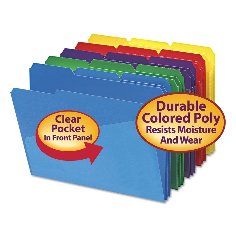 POLY COLORED FILE FOLDERS WITH SLASH POCKET, 1/3-CUT TABS, LETTER SIZE, ASSORTED, 30/BOX
