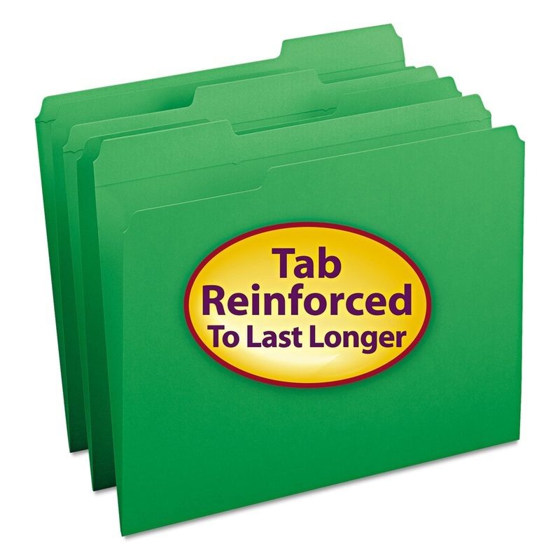 REINFORCED TOP TAB COLORED FILE FOLDERS, 1/3-CUT TABS, LETTER SIZE, GREEN, 100/BOX