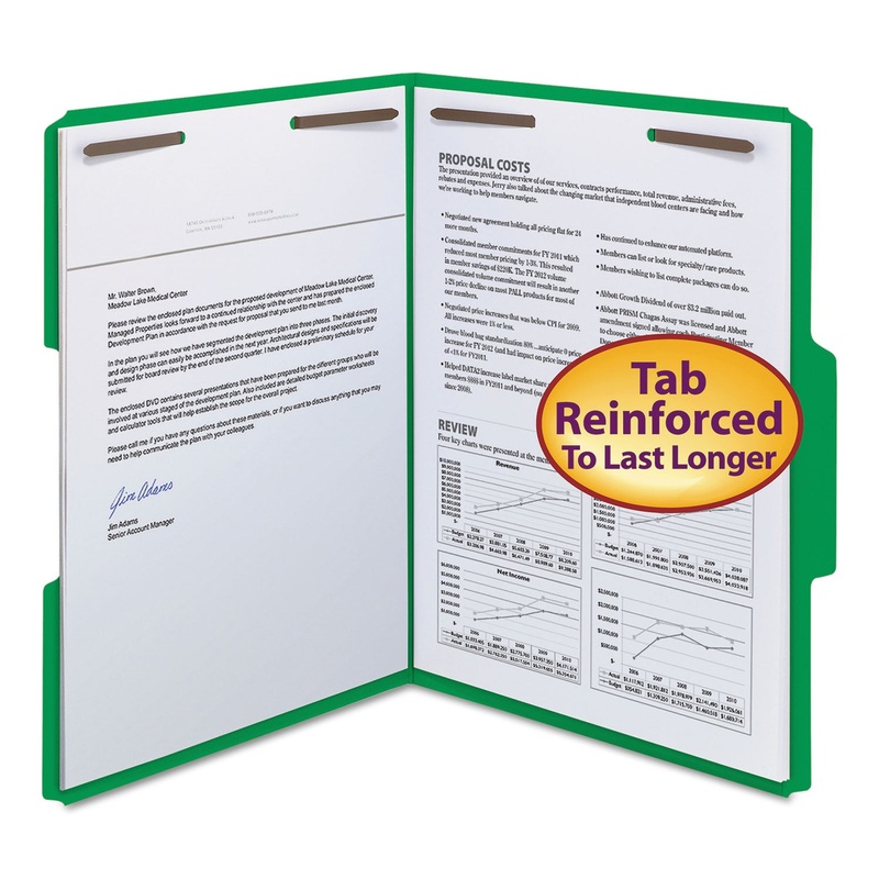 TOP TAB COLORED 2-FASTENER FOLDERS, 1/3-CUT TABS, LETTER SIZE, GREEN, 50/BOX