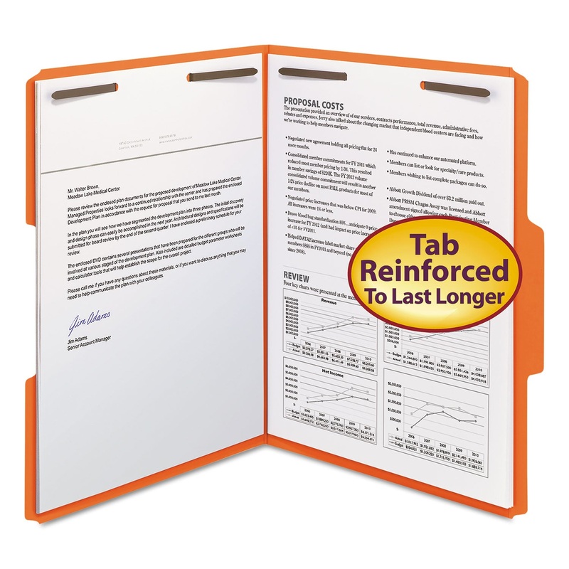 TOP TAB COLORED 2-FASTENER FOLDERS, 1/3-CUT TABS, LETTER SIZE, ORANGE, 50/BOX