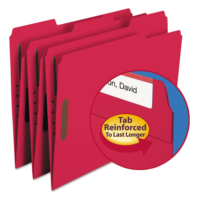 TOP TAB COLORED 2-FASTENER FOLDERS, 1/3-CUT TABS, LETTER SIZE, RED, 50/BOX