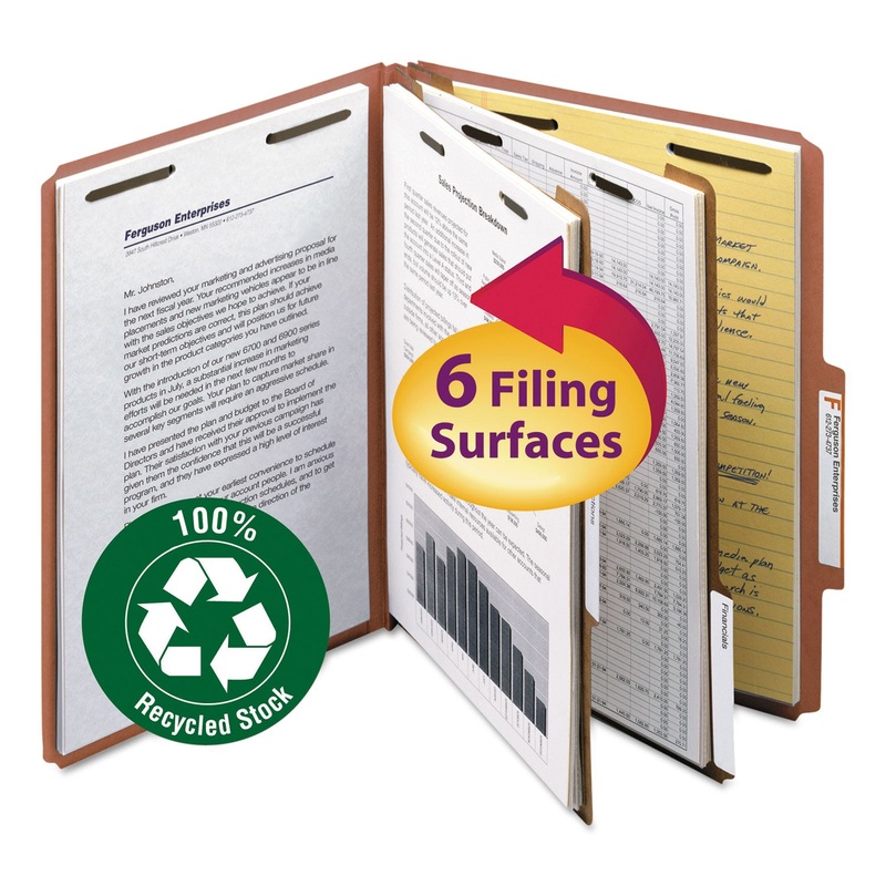 100% RECYCLED PRESSBOARD CLASSIFICATION FOLDERS, 2 DIVIDERS, LETTER SIZE, RED, 10/BOX