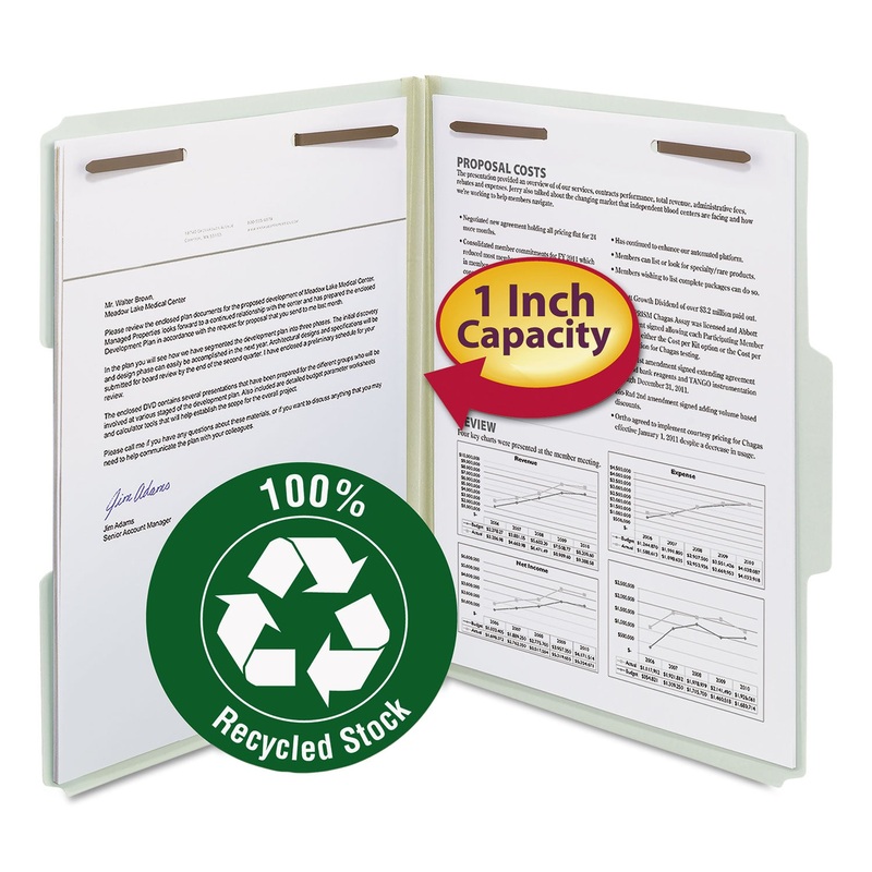 100% RECYCLED PRESSBOARD FASTENER FOLDERS, LETTER SIZE, GRAY-GREEN, 25/BOX